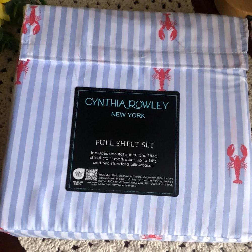 Cynthia Rowley Blue & White Stripe FULL Sheet Set with Red Lobster Print
